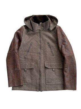 SOIA & KYO Mixed Media Wool Blend Hooded Coat with Faux Leather Sleeves Brown L